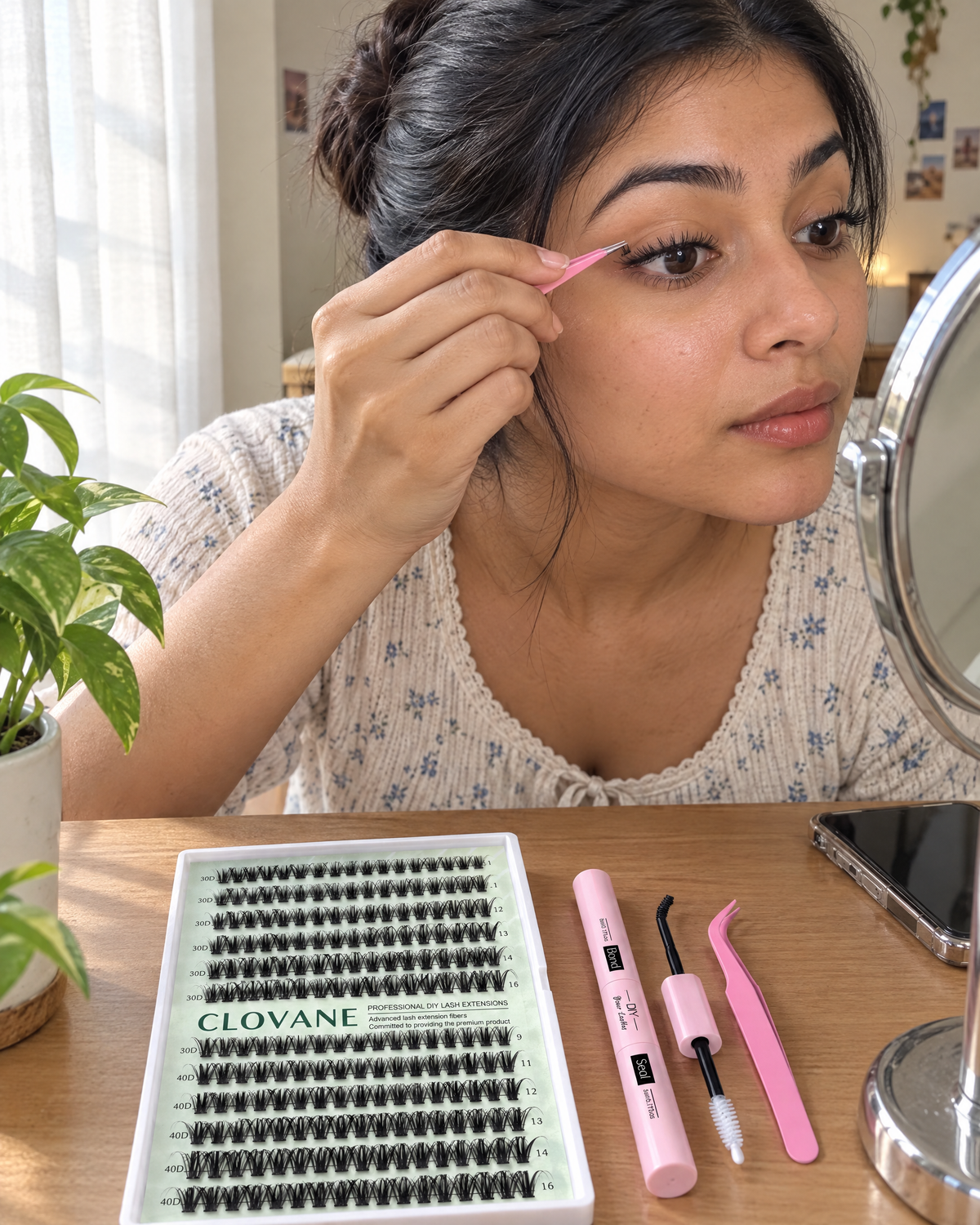 Indian woman applying Clovane lash clusters at home with the kit on her table