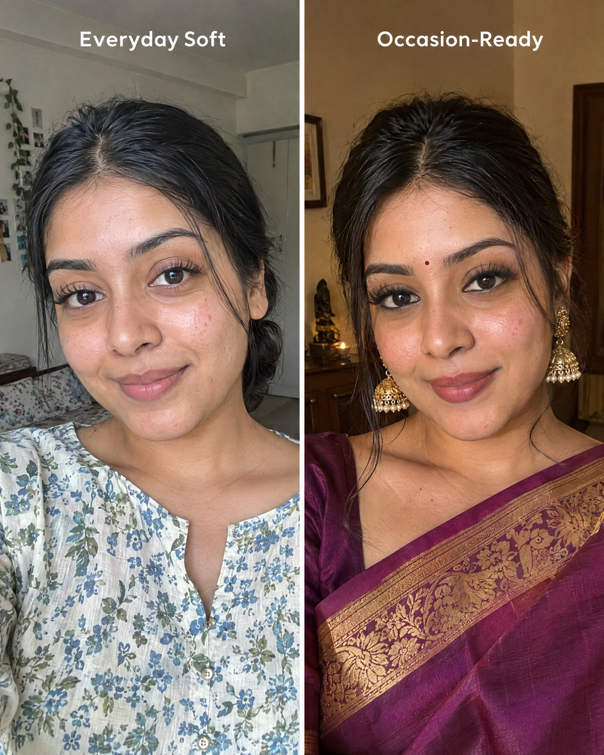 Same Indian woman with soft everyday cluster lashes and fuller occasion-ready lashes