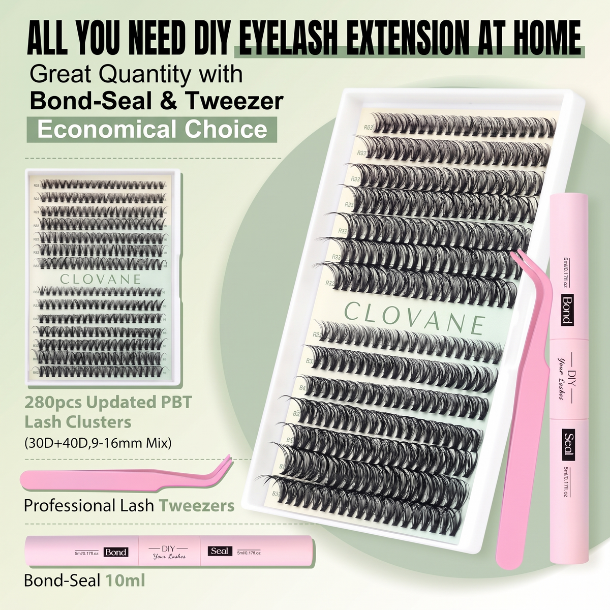 All you need for DIY lash extensions at home - 280pcs clusters, bond-seal, tweezers