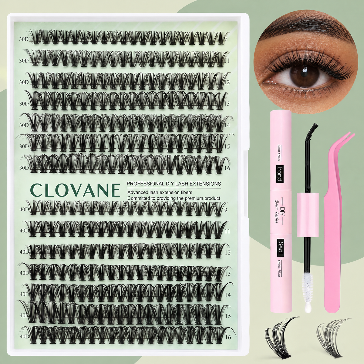 Clovane DIY lash extension kit - 30D and 40D clusters, bond, seal, tweezers